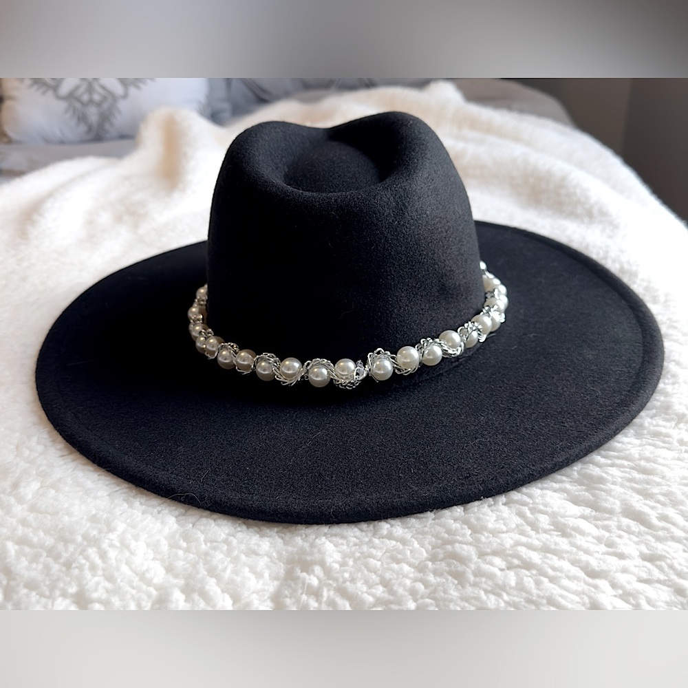 Black Fedora Hat with Pearls (never worn)
